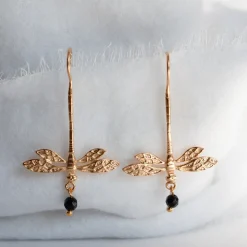 Boucles d'Oreilles Libellule Onyx Dorées