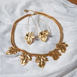 Boucles d'Oreilles Tige Feuilles de Figuier Dorées