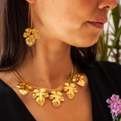Boucles d'Oreilles Tige Feuilles de Figuier Dorées