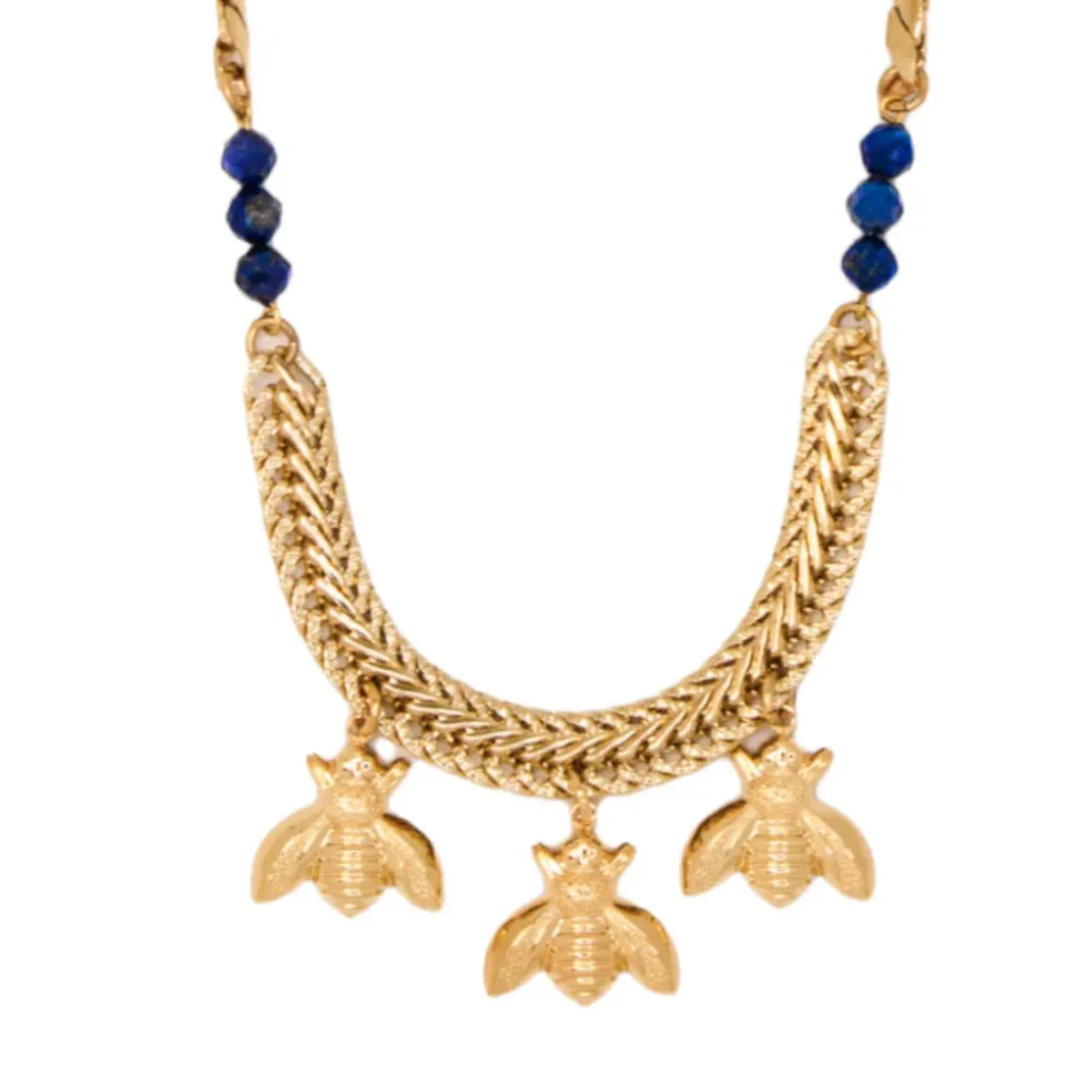 Collier Abeilles Bee Doré Lapis Lazuli Bleu