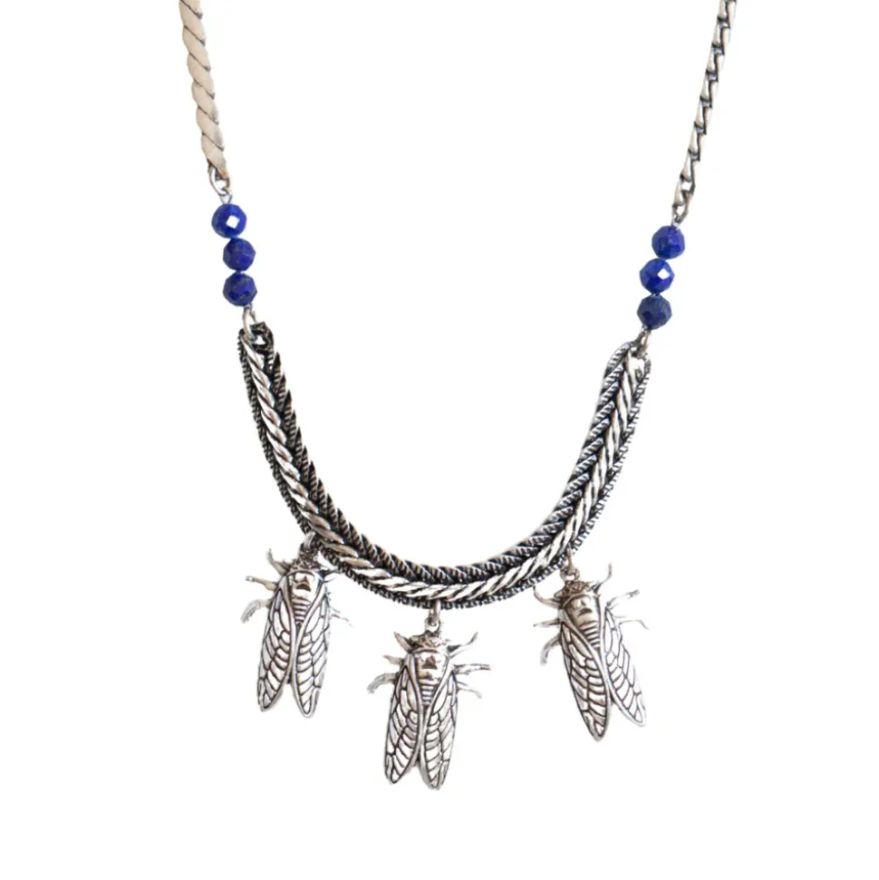 Collier Petite Cigale Cica argenté et Lapis