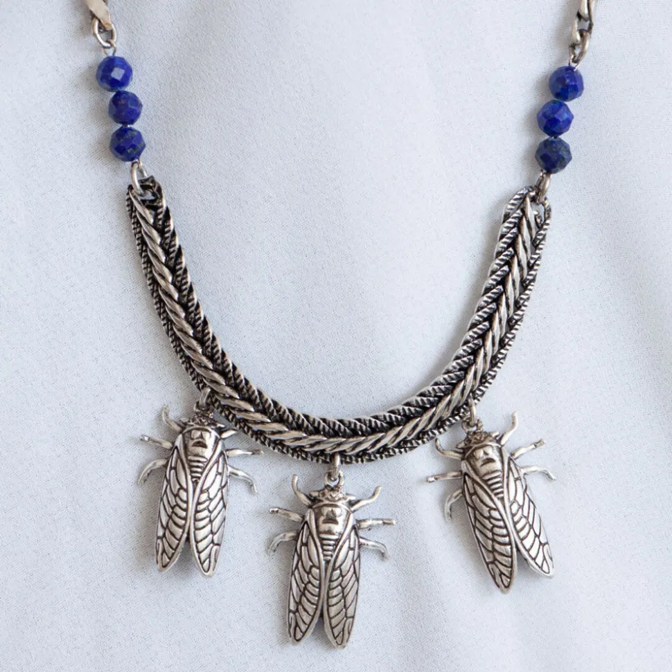 Collier Petite Cigale Cica argenté et Lapis