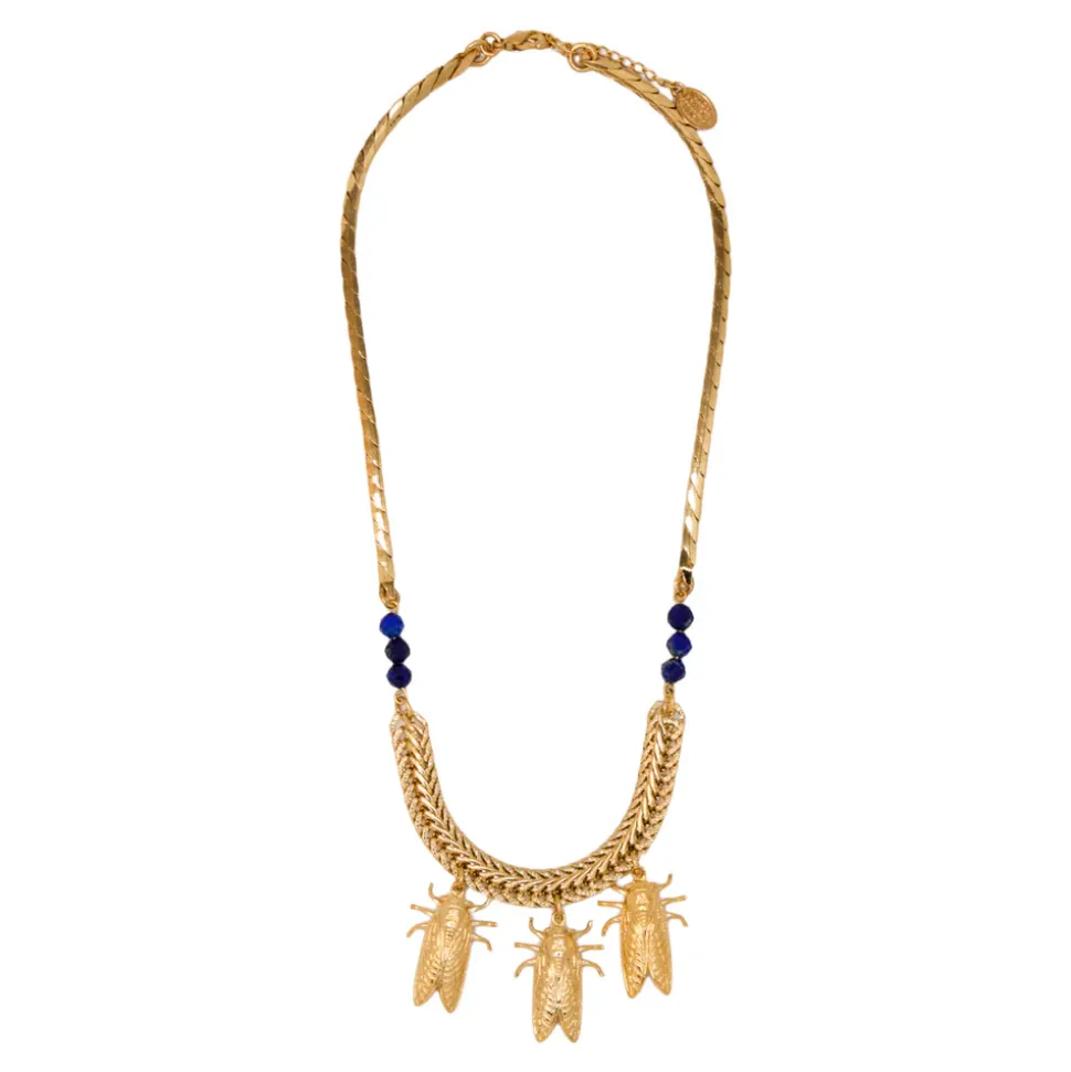 Collier Petite Cigale Cica doré et Lapis